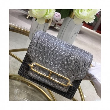 Hermes Roulis Crocodile / Lizard Leather Shoulder Bag ,19cm - 에르메스 룰리스 크로커다일/리저드 레더 여성용 숄더백 HERB0345,19cm,블랙+그레이