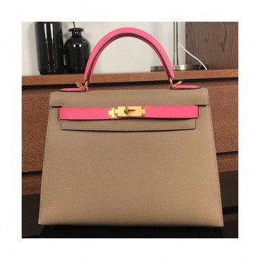 Hermes Kelly Epsom Leather Tote Shoulder Bag ,28cm - 에르메스 켈리 엡송 레더 여성용 토트 숄더백 HERB0315,28cm,브라운+핑크