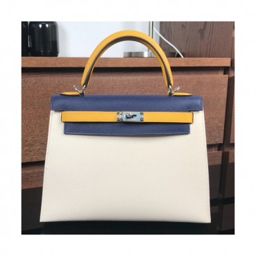 Hermes Kelly Epsom Leather Tote Shoulder Bag ,25cm - 에르메스 켈리 엡송 레더 여성용 토트 숄더백 HERB0314,25cm,화이트+블루