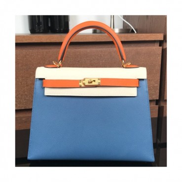 Hermes Kelly Epsom Leather Tote Shoulder Bag ,25cm - 에르메스 켈리 엡송 레더 여성용 토트 숄더백 HERB0312,25cm,블루+화이트