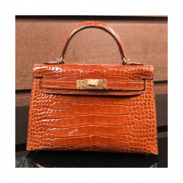 Hermes Mini Kelly Crocodile Leather Tote Shoulder Bag , - 에르메스 미니 켈리 크로커다일 레더 여성용 토트 숄더백 HERB0278,오렌지브라운