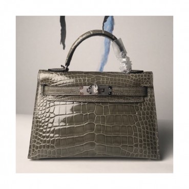 Hermes Mini Kelly Crocodile Leather Tote Shoulder Bag , - 에르메스 미니 켈리 크로커다일 레더 여성용 토트 숄더백 HERB0277,그레이