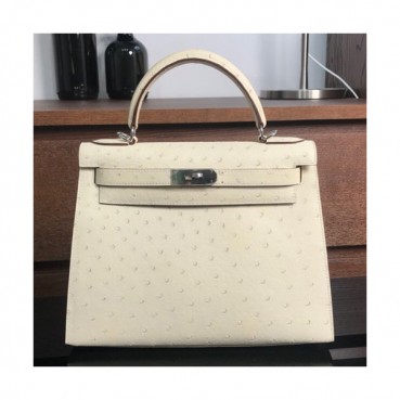 Hermes Kelly Ostrich Leather Tote Shoulder Bag ,28cm - 에르메스 켈리 오스트리치 레더 여성용 토트 숄더백 HERB0245,28cm,크림