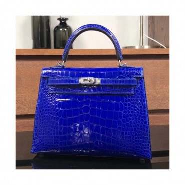 Hermes Kelly Crocodile Leather Tote Shoulder Bag ,25cm - 에르메스 켈리 크로커다일 레더 여성용 토트 숄더백 HERB0140,25cm,블루