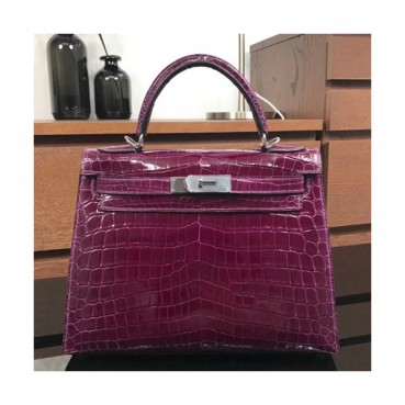 Hermes Kelly Crocodile Leather Tote Shoulder Bag ,28cm - 에르메스 켈리 크로거다일 레더 여성용 토트 숄더백 HERB0139,28cm,퍼플
