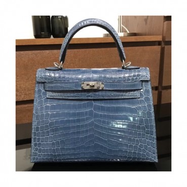 Hermes Kelly Crocodile Leather Tote Shoulder Bag ,25cm - 에르메스 켈리 크로커다일 레더 여성용 토트 숄더백 HERB0138,25cm,블루