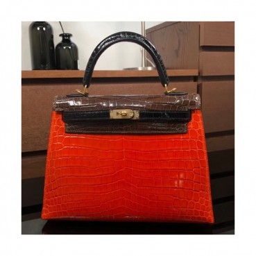Hermes Kelly Crocodile Leather Tote Shoulder Bag ,25cm - 에르메스 켈리 크로커다일 레더 여성용 토트 숄더백 HERB0137,25cm,레드오렌지+브라운