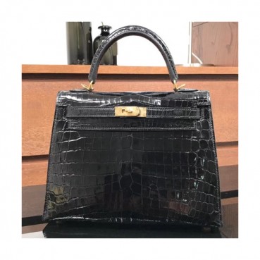 Hermes Kelly Crocodile Leather Tote Shoulder Bag ,25cm - 에르메스 켈리 크로거다일 레더 여성용 토트 숄더백 HERB0136,25cm,블랙