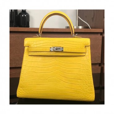 Hermes Kelly Crocodile Leather Tote Shoulder Bag ,25cm - 에르메스 켈리 크로커다일 레더 여성용 토트 숄더백 HERB0135,25cm,옐로우