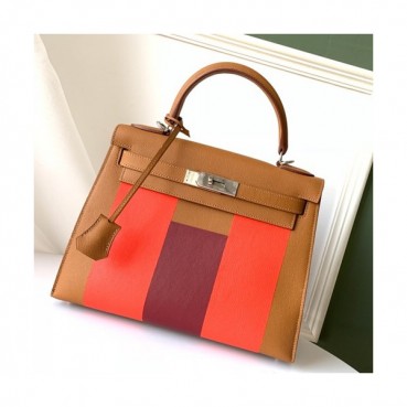 Hermes Kelly Leather Tote Shoulder Bag ,28cm - 에르메스 켈리 레더 여성용 토트 숄더백 HERB0133,28cm,카멜+레드