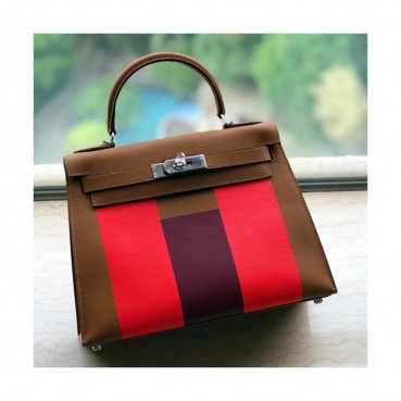 Hermes Kelly Leather Tote Shoulder Bag ,28cm - 에르메스 켈리 레더 여성용 토트 숄더백 HERB0129,28cm,브라운+레드