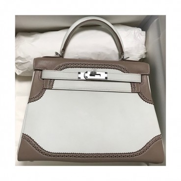 Hermes Kelly Swift Leather Tote Shoulder Bag ,28cm - 에르메스 켈리 스위프트 레더 여성용 토트 숄더백 HERB0096,28cm,크림+그레이