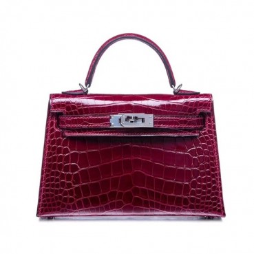 Hermes Mini Kelly 2 Crocodile Leather Tote Shoulder Bag , - 에르메스 미니 켈리 2 크로커다일 레더 여성용 토트 숄더백 HERB0021,와인