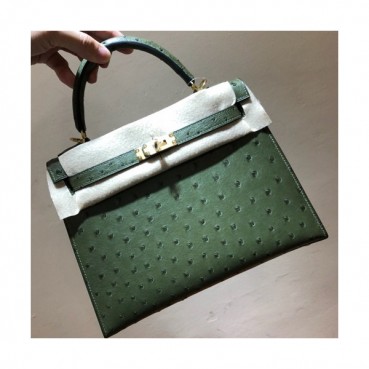 Hermes Kelly Ostrich Leather Tote Shoulder Bag ,25cm - 에르메스 켈리 오스트리치 레더 여성용 토트 숄더백 HERB0022,그린,25cm