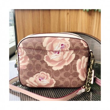 Coach Leather Floral Camera Shoulder Bag,21cm - 코치 레더 플로럴 카메라 숄더백 COAB0095,21cm,브라운+화이트