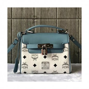 MCM Visetos Leather Tote Shoulder Bag,18.5cm - 엠씨엠 여성용 비세토스 레더 토트 숄더백 MCMB0048, 18.5cm,화이트+블루