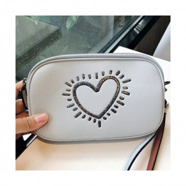 Coach Keith Haring Camera Leather Shoulder Bag,20cm - 코치 키스 해링 카메라 레더 숄더백 COAB0072,20cm,연그레이