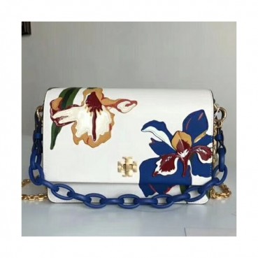 Tory Burch Kira Floral Double-Strap Leather White Shoulder Bag,24cm 