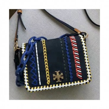 Tory Burch Leather Navy Kira Whipstitch Double-strap Shoulder Bag,18cm 