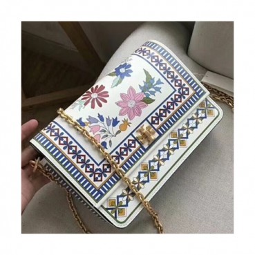 Tory Burch Kira Floral Double-Strap Leather Ivory Shoulder Bag,24cm 