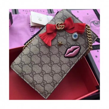 Gucci Jacquard Pink Lips Patch Chain Flap Shoulder Bag,22CM - 구찌 자가드 핑크립 패치 체인 플랩숄더백 GUB0134,22cm,브라운
