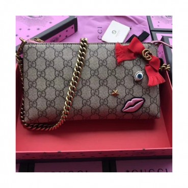 Gucci Jacquard Pink Lips Patch Zipper Chain Shoulder Bag,22CM - 구찌 자가드 핑크립 패치 지퍼 체인 숄더백 GUB0133,22cm,브라운