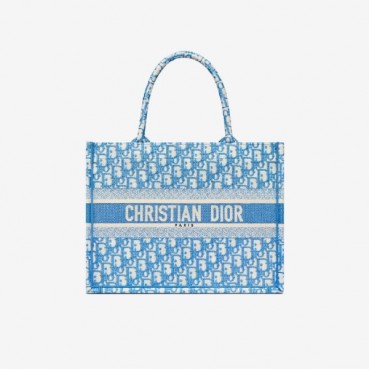 디올 여성 콘플라워 블루 오블리크 자수 북 토트백 미디엄 - Dior cornflower Oblique Embroidery Medium Tote Bag