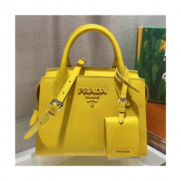 [프라다]Prada 2021 Monochrome Safiano Leather Tote Shoulder Bag,22cm - 프라다 2021 모노크롬 사피아노 토트 숄더백,22cm,PRAB0350,옐로우