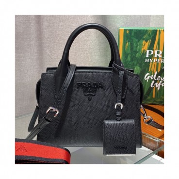 [프라다]Prada 2021 Monochrome Safiano Leather Tote Shoulder Bag,22cm - 프라다 2021 모노크롬 사피아노 토트 숄더백,22cm,PRAB0348,블랙