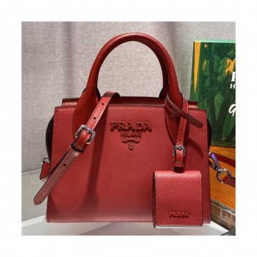 [프라다]Prada 2021 Monochrome Safiano Leather Tote Shoulder Bag,22cm - 프라다 2021 모노크롬 사피아노 토트 숄더백,22cm,PRAB0347,레드