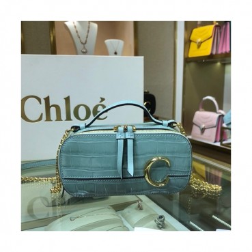 Chole 2020 C Vanity Leather Chain Tote Shoulder Bag, 19cm -  끌로에 2020 C 베니티 레더 체인 토트 숄더백,CLB0194,19cm,스카이블루