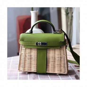 Hermes 2019 Kelly Picnic Rattan Tote Bag ,20cm - 에르메스 2019 켈리 피크닉 라탄 여성용 토트백 HERB0732,20cm,그린