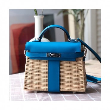 Hermes 2019 Kelly Picnic Rattan Tote Bag ,20cm - 에르메스 2019 켈리 피크닉 라탄 여성용 토트백 HERB0731,20cm,블루