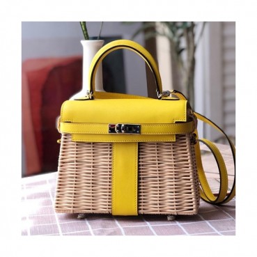 Hermes 2019 Kelly Picnic Rattan Tote Bag ,20cm - 에르메스 2019 켈리 피크닉 라탄 여성용 토트백 HERB0730,20cm,옐로우