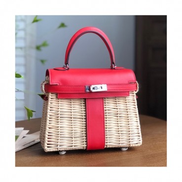 Hermes 2019 Kelly Picnic Rattan Tote Bag ,20cm - 에르메스 2019 켈리 피크닉 라탄 여성용 토트백 HERB0729,20cm,레드