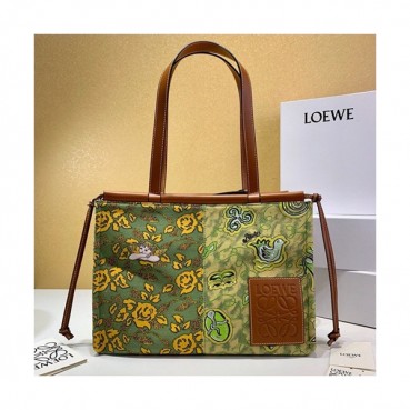 Loewe 2019 Canvas & Leather Tote Bag, 35CM - 로에베 2019 캔버스 & 레더 토트백 ,LOEB0320, 35CM, 그린