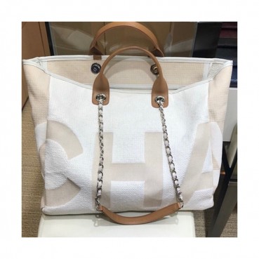 [수납력 GOOD!!]Chanel 2019 Canvas Tote Shoulder Shopper Bag ,38CM - 샤넬 2019 캔버스 토트 숄더 쇼퍼백  CHAB0891,38CM,화이트