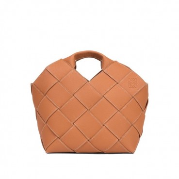 Loewe 2019 Basket Gingham Tote Shoulder Bag, 38CM - 로에베 2019 바스켓 깅엄 토트 숄더백 ,LOEB0218, 38CM, 브라운