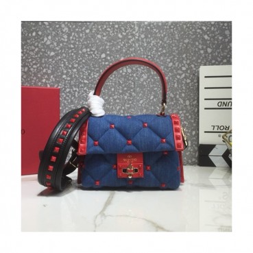 Valentino 2019 Denim&Leather Ruckstud Tote Shoudler Bag,18CM - 발렌티노 2019 데님&레더 락스터드 토트 숄더백,VTB0706,18CM,블루+레드