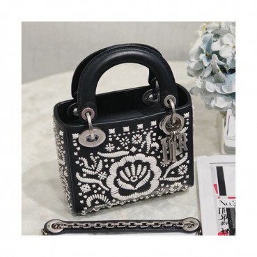 Dior 2019 Floral Embroidery Mini Lady Tote Shoulder Bag,17CM - 디올 2019 플로럴 엠브로이더리 미니 레이디 토트 숄더백 DIOB0070,17CM,블랙(은장)