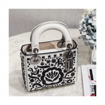 Dior 2019 Floral Embroidery Mini Lady Tote Shoulder Bag,17CM - 디올 2019 플로럴 엠브로이더리 미니 레이디 토트 숄더백 DIOB0069,17CM,화이트(은장)