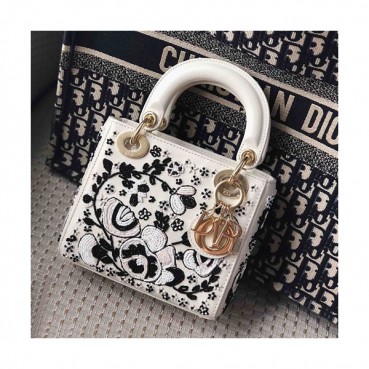 Dior 2019 Floral Embroidery Mini Lady Tote Shoulder Bag,17CM - 디올 2019 플로럴 엠브로이더리 미니 레이디 토트 숄더백 DIOB0046,17CM,화이트(금장)