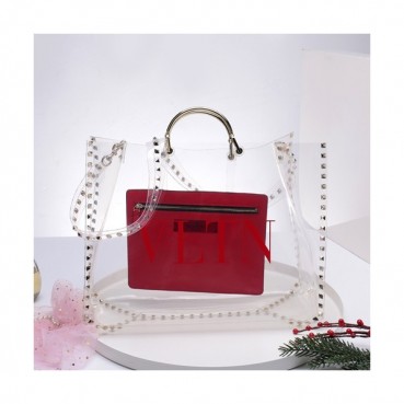 Valentino 2019 PVZ Tote Shoulder Shopper Bag,36CM - 발렌티노 2019 PVZ 토트 숄더 쇼퍼백,VTB0461,36CM,레드+투명