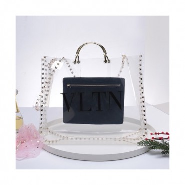 Valentino 2019 PVZ Tote Shoulder Shopper Bag,36CM - 발렌티노 2019 PVZ 토트 숄더 쇼퍼백,VTB0460,36CM,블랙+투명