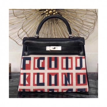 Hermes Kelly Canvas & Leather Tote Bag ,28cm - 에르메스 켈리 캔버스&레더 여성용 토트백 HERB0659,28cm,블랙