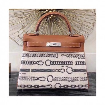 Hermes Kelly Canvas & Leather  Tote Bag ,28cm - 에르메스 켈리 캔버스&레더 여성용 토트백 HERB0658,28cm,브라운