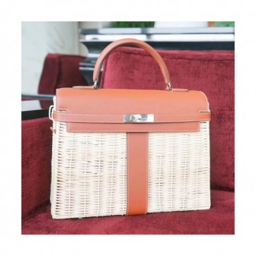 Hermes Kelly Picnic Rattan Tote Bag ,35cm - 에르메스 켈리 피크닉 라탄 여성용 토트백 HERB0653,35cm,브라운