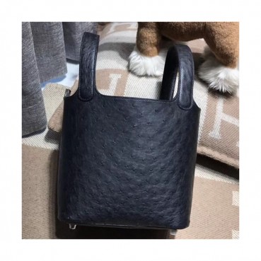 Hermes Picotin Lock Ostrich Leather Tote Bag,18cm - 에르메스 피코탄 락 오스트리치 레더 여성용 토트백 HERB0640, 18cm,블랙