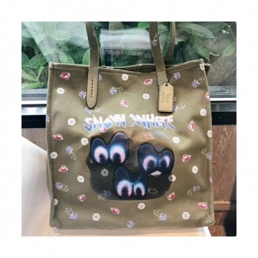 Coach Keith Haring Canvas Tote Shoulder Shopper Bag,35cm - 코치 키스 해링 캔버스 토트 숄더 쇼퍼백 COAB0074,35cm,그린