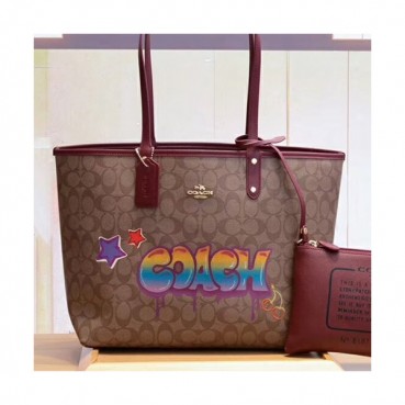 Coach Leather Riversible Tote Shoulder Shopper Bag,33cm - 코치 레더 리버서블 토트 숄더 쇼퍼백 COAB0058,33cm,브라운/와인
